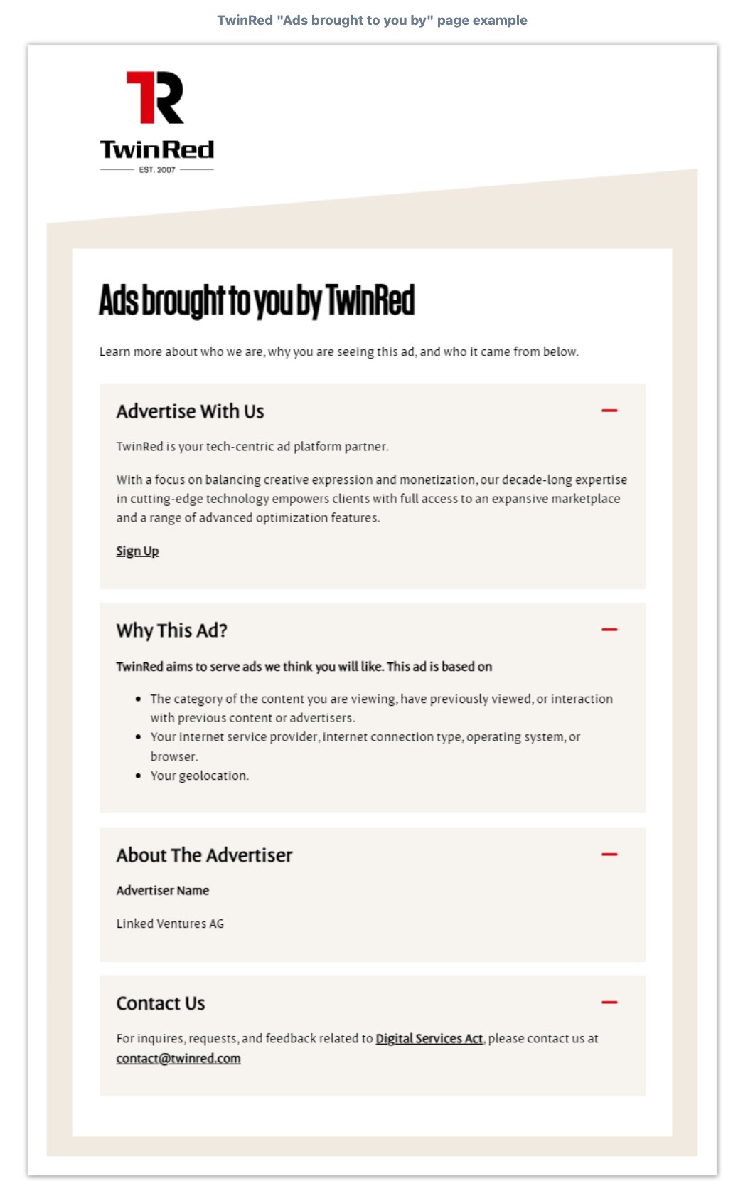 TwinRed "Ads brought to you by" page example